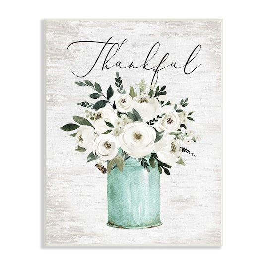 Stupell Industries Thankful Phrase White Ranunculus Floral Bouquet Milk Tin Wall Plaque